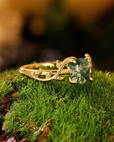 EVERLY Cushion Cut Moss Agate Forestcore Leafy Engagement Ring