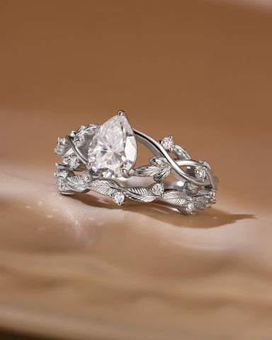 JENNA Pear Cut Moissanite Bridal Ring Set Nature Inspired Leaf Ring