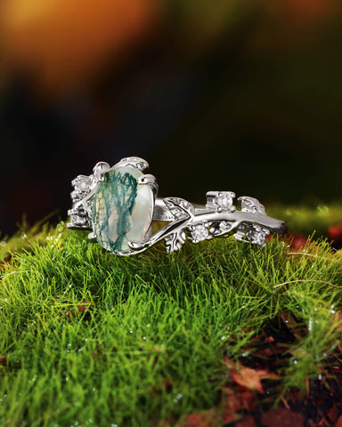 FABIOLA Oval Cut Moss Agate Engagement Ring with Vine Leaf