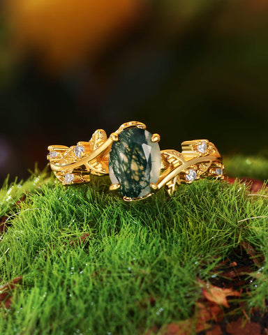 FABIOLA Oval Cut Moss Agate Engagement Ring with Vine Leaf