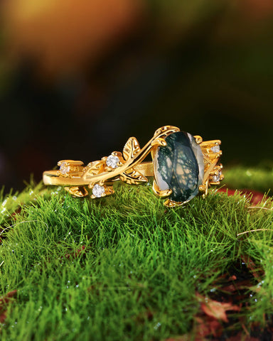 FABIOLA Oval Cut Moss Agate Engagement Ring with Vine Leaf