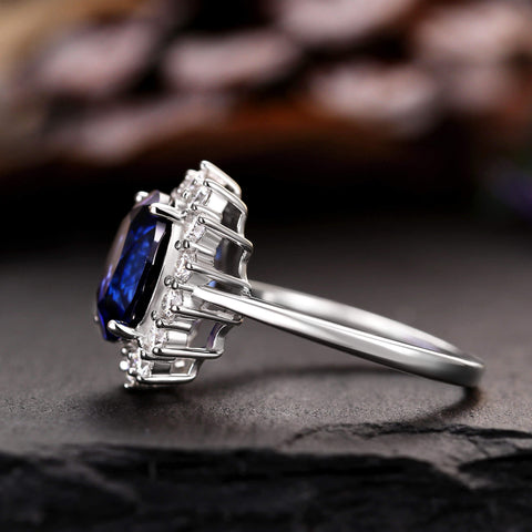DIANA Oval Cut Lab Sapphire Halo Vintage Engagement Ring