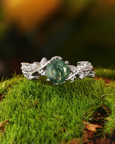 NOREEN Round Cut Moss Agate Vine Fairytale Engagement Ring