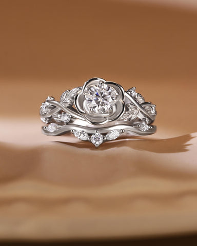 VERA Floral Inspired Moissanite Bridal Ring Set with Curved Band