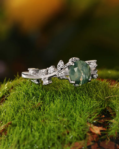 NOREEN Round Cut Moss Agate Vine Fairytale Engagement Ring