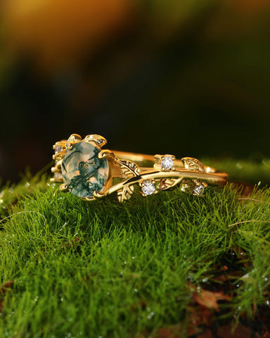 NOREEN Round Cut Moss Agate Vine Fairytale Engagement Ring