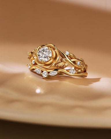 VERA Floral Inspired Moissanite Bridal Ring Set with Curved Band