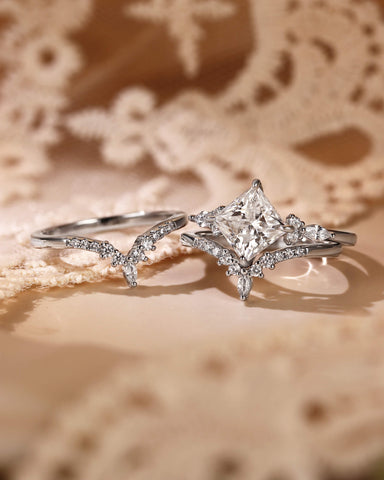 MIRABELLA Two V-Shaped Band Princess Cut Engagement Ring Set