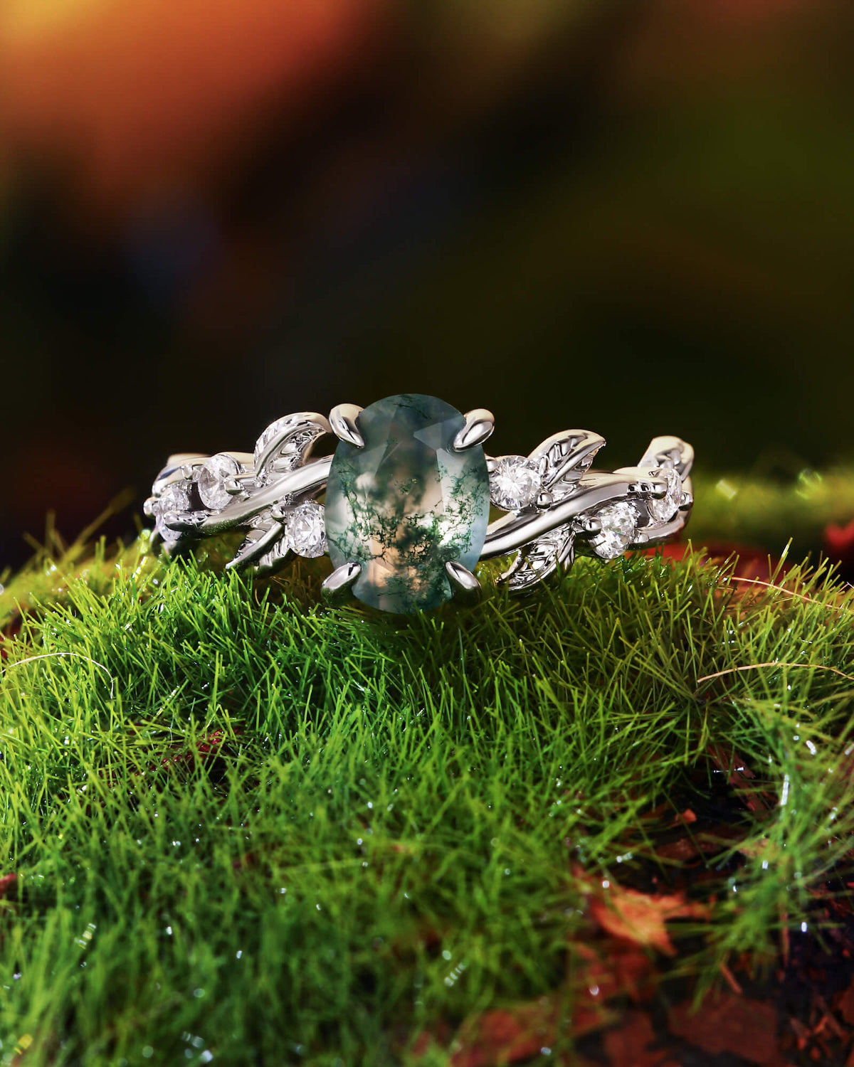 BETTINA Oval Cut Moss Agate Leafy Engagement Ring