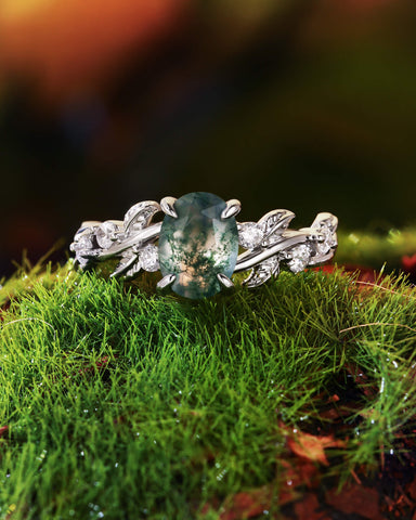 BETTINA Oval Cut Moss Agate Leafy Engagement Ring