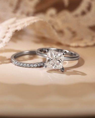 LENI Simple Princess Cut Engagement Eternity Ring Set