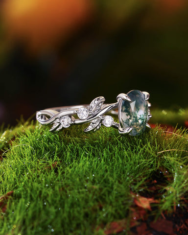 BETTINA Oval Cut Moss Agate Leafy Engagement Ring