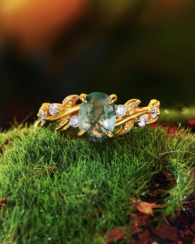 BETTINA Oval Cut Moss Agate Leafy Engagement Ring