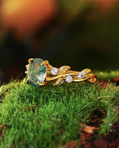 BETTINA Oval Cut Moss Agate Leafy Engagement Ring