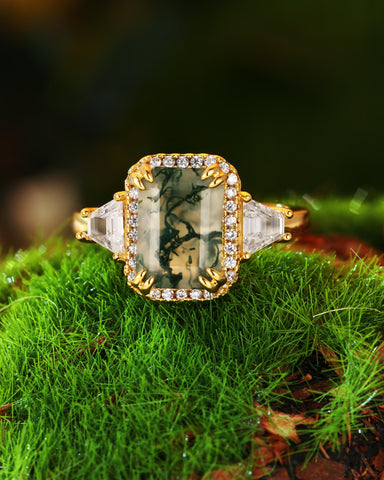 BLYTHE Emerald Cut Moss Agate Vintage Halo Engagement Ring