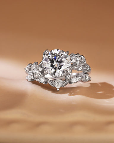 GLORIA Round Cut Moissanite Timeless Bloom Bridal Ring Set with Curved Leaf Band