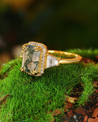 BLYTHE Emerald Cut Moss Agate Vintage Halo Engagement Ring