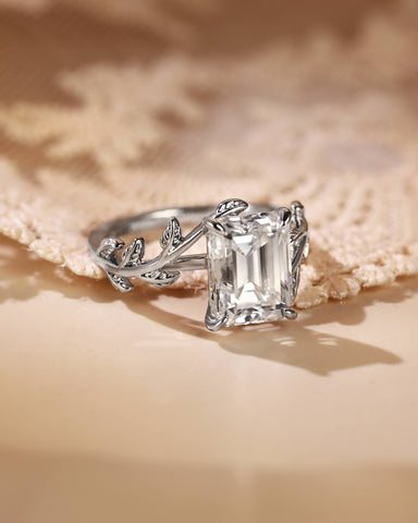 ZELAYA Emerald Cut Engagement Ring with Vine Leaf Band