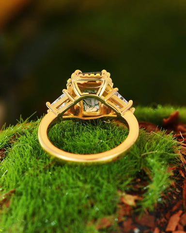 BLYTHE Emerald Cut Moss Agate Vintage Halo Engagement Ring