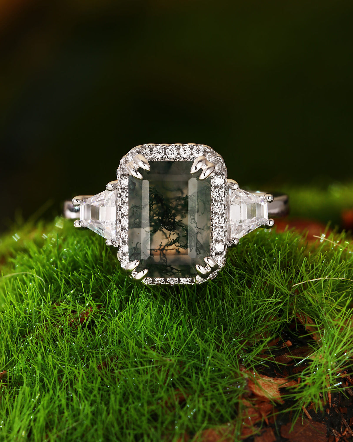 BLYTHE Emerald Cut Moss Agate Vintage Halo Engagement Ring