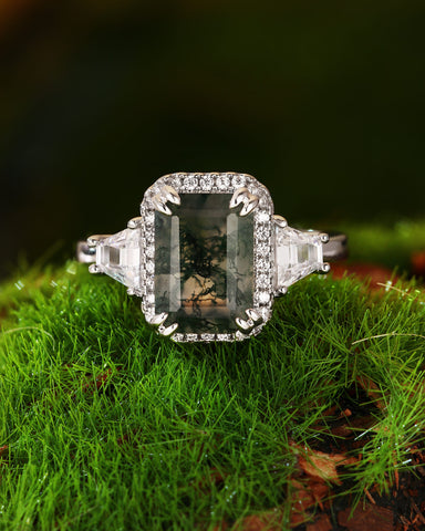 BLYTHE Emerald Cut Moss Agate Vintage Halo Engagement Ring