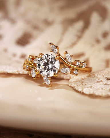 ALESSIA Nature Inspired Bypass Vine Leaf  Round Cut Engagement Ring