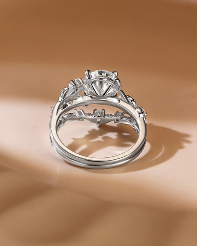 GLORIA Round Cut Moissanite Timeless Bloom Bridal Ring Set with Curved Leaf Band
