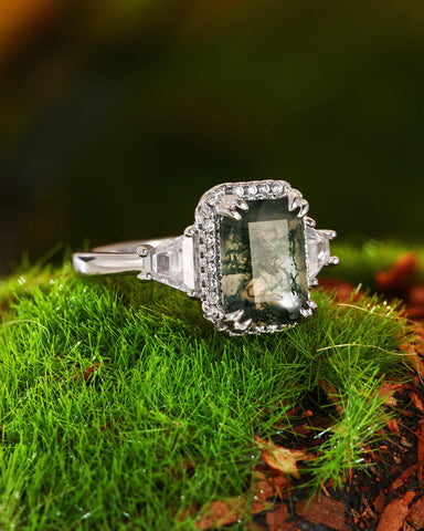 BLYTHE Emerald Cut Moss Agate Vintage Halo Engagement Ring