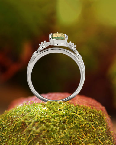 GROVENA Nature Inspired Pear Cut Moss Agate Leafy Engagement Ring