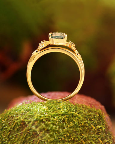 GROVENA Nature Inspired Pear Cut Moss Agate Leafy Engagement Ring