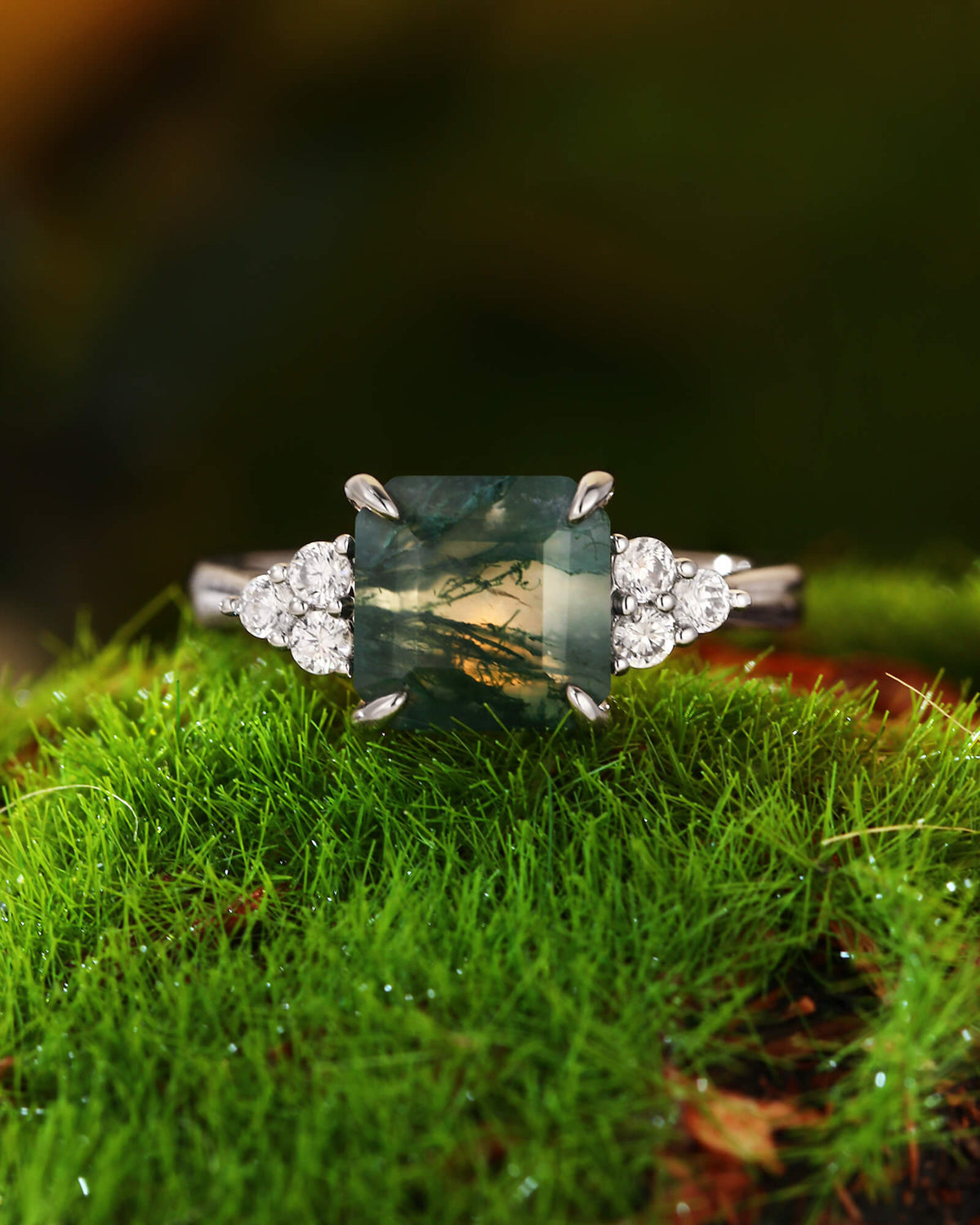 CYRA Square Shape Moss Agate Unique Engagement Ring