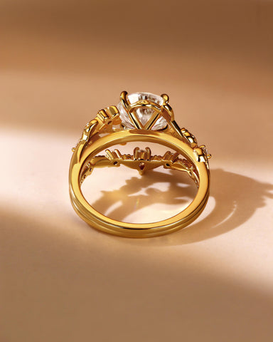 GLORIA Round Cut Moissanite Timeless Bloom Bridal Ring Set with Curved Leaf Band