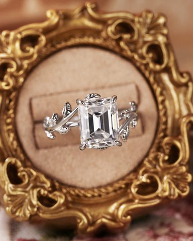 ZELAYA Emerald Cut Engagement Ring with Vine Leaf Band