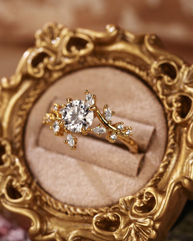 ALESSIA Nature Inspired Bypass Vine Leaf  Round Cut Engagement Ring