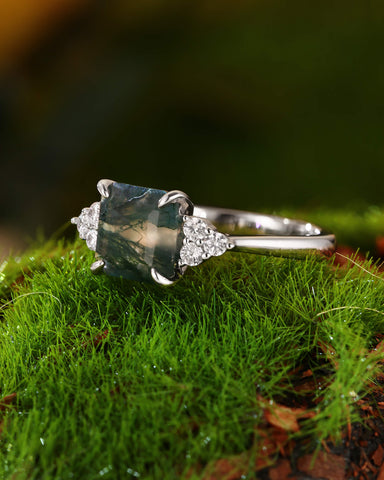CYRA Square Shape Moss Agate Unique Engagement Ring