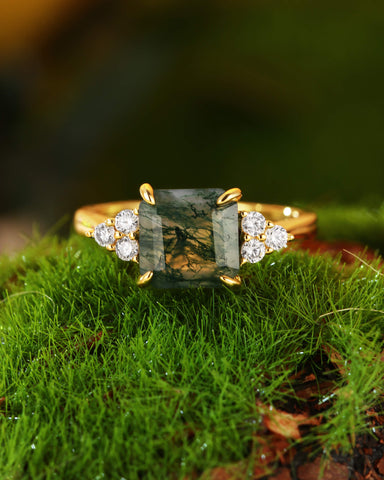 CYRA Square Shape Moss Agate Unique Engagement Ring