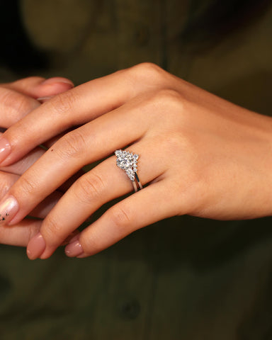 ANNE Round Cut Moissanite Cluster Engagement Ring Set with Curved Wedding Band