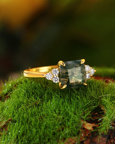 CYRA Square Shape Moss Agate Unique Engagement Ring