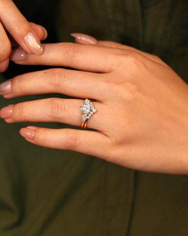 ANNE Round Cut Moissanite Cluster Engagement Ring Set with Curved Wedding Band