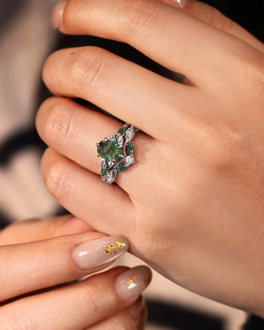 WINONA Oval Moss Agate Engagement Ring Set Cluster Moissanite Moss Agate Bridal Set