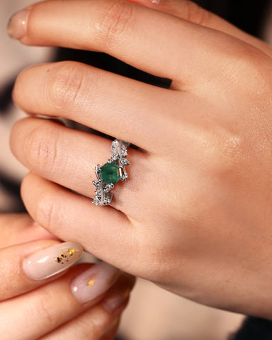 IVA Bypass Hexagon Cut Moss Agate Engagement Ring with Vine Leaf