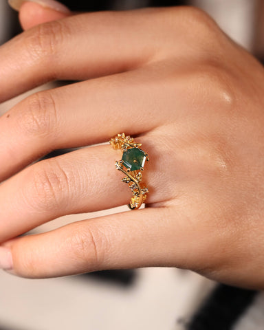 IVA Bypass Hexagon Cut Moss Agate Engagement Ring with Vine Leaf