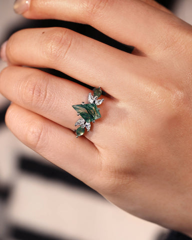 REBECCA Kite Cut Moss Agate Mixed Marquise Moissanite Cluster Engagement Ring
