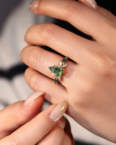 REBECCA Kite Cut Moss Agate Mixed Marquise Moissanite Cluster Engagement Ring