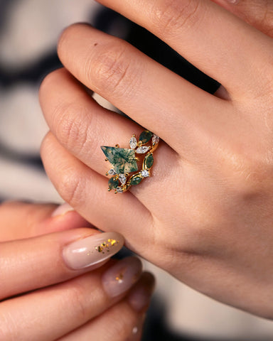 ZOEY Unique Kite Cut Moss Agate Cluster Engagement Ring Set