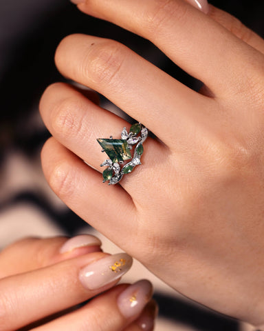 ZOEY Unique Kite Cut Moss Agate Cluster Engagement Ring Set