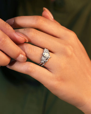 SCARLETT Pear Cut Moissanite Vintage Floral Engagement Ring Set with leaf Wedding Band