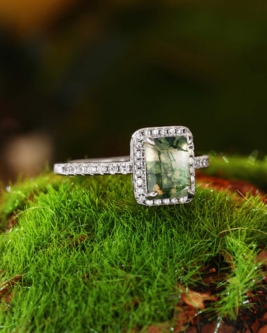 CYBELE Halo Emerald Cut Moss Agate Engagement Ring