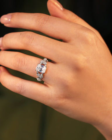 ANYA Emerald Cut Moissanite Nature Inspired Leaf Floral Cluster Engagement Ring