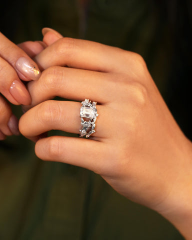 BERTHA Emerald Cut Moissanite Nature Inspired Bridal Ring Set with Leaf Wedding Band